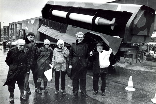 Doncaster CND members pictured with a replica Cruise missile in 1983