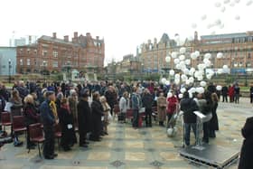 A balloon release at Holocaust Memorial Day at the Sheffield Peace Gardens in January 2006
