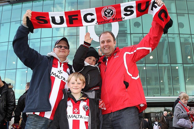 Sheffield United fans (left-right) Mark, Kieran, Alfie and Michael outside Old Trafford before the FA Youth Cup Final against Manchester United
