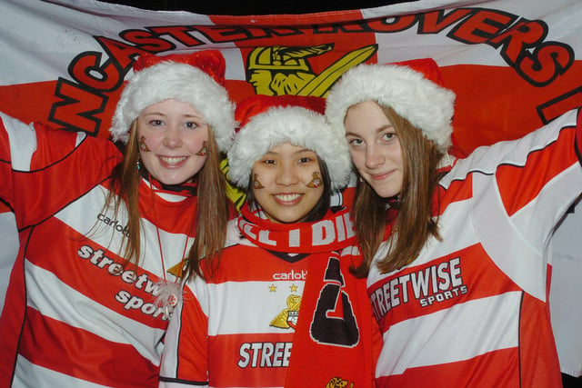 Rovers fans (l-r) Michelle Boothe, 17, of Wheatley Hills, Pasita Chayavasan, 17, of Thailand, and Kat Stirling, 17, of Auckley