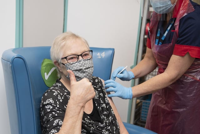 Patient Trixie Walker at the Northern General Hospital, Sheffield, gives the thumbs up while receiving the COVID Pfizer vaccine (Pooled picture by Andy Stenning-Daily Mirror)