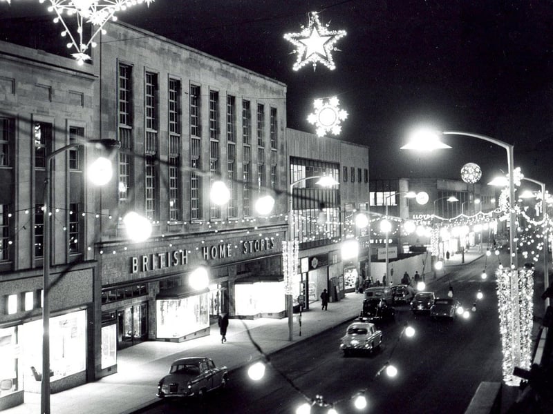 Sheffield Christmas Illuminations on The Moor with British Home Stores on the left, November 29, 1962