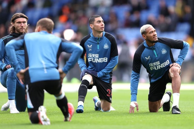 Miguel Almiron and Joelinton (R) of Newcastle United warm up prior to the Premier League match between Crystal Palace and Newcastle United at Selhurst Park on October 23, 2021 in London, England.