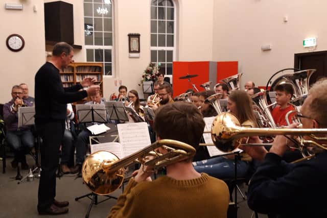 Stannington Brass Band rehearsing at Knowle Top Church Hall.