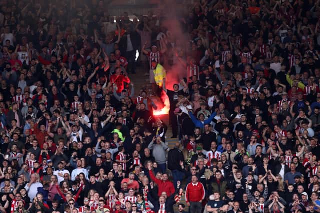 Sheffield United fans celebrate during the Sky Bet Championship match at Bramall Lane, Sheffield. Darren Staples / Sportimage