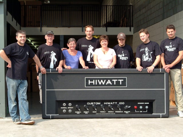 HiWatt staff at their Doncaster factory (from left to right): Mark Smith, Stan Day, Wendy Camplin, Kee Meyer, Jill Brown, George Germaine, Mark Lodge, Keith Taylor pictured in 2006