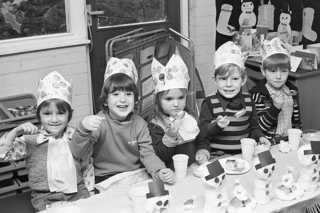 Tucking into their Christmas tea are these youngsters from Albany Infants School in Washington in 1977. Left to right are:  Trevor Merry (5), Daniel Tait (4), Alison Walton (4), Mark Brown (4) and Wayne Harrison (5).