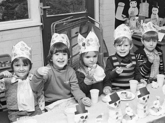 Tucking into their Christmas tea are these youngsters from Albany Infants School in Washington in 1977. Left to right are: Trevor Merry (5), Daniel Tait (4), Alison Walton (4), Mark Brown (4) and Wayne Harrison (5).