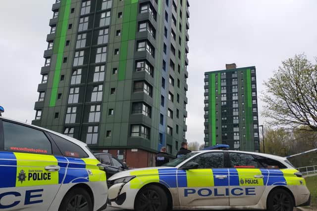 Newfield Building and Portfield Building in Callow Drive, Gleadless, Sheffield, are both encircled by a police cordon today (April 9) after a man was shot dead last night.