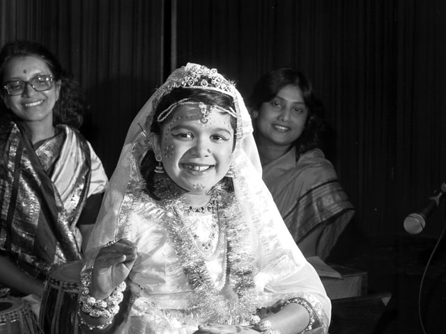 Young dancer Shili Sengupta, in traditional dress, from the Bangladesh Samity in Edinburgh, April 1983.