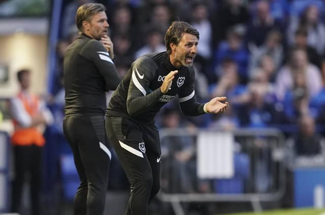 Pompey boss Danny Cowley barks orders to his players during Tuesday night's win against Shrewsbury at Fratton Park. Picture: Jason Brown.