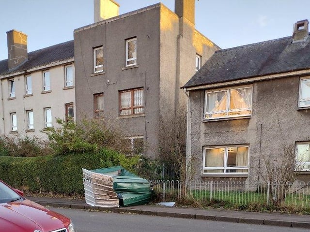 In North Edinburgh on Friday night,  someone's metal shed had flown over a block of flats to the main pavement.