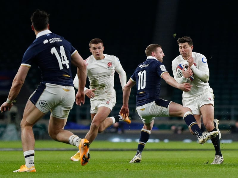 Scotland's fly-half Finn Russell trips England's scrum-half Ben Youngs and is yellow carded during the Six Nations rugby union match between England and Scotland at Twickenham Stadium