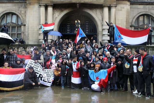 Members of the Yemeni community in Sheffield protesting against a US drone strike that killed members of a wedding party in Yemen in December 2013