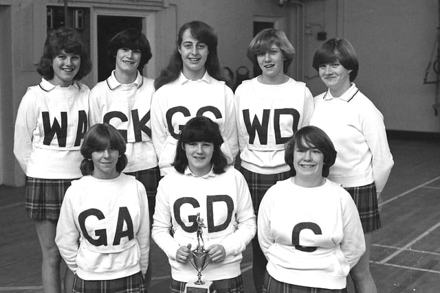 The Thorney Close School Under 16s Netball B Team in 1981. Back row left to right are: Sharon Taylor, Sonia Jennings, Deborah Green,  Nicola Cook, Dawn Clark, and front: Alison Sloane, Joanne Wilkinson (capt), Debra McDonald.