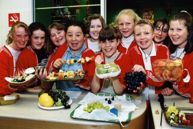 Boldon Comprehensive pupils with their healthy display and fruit vegetables. Does this help to solve the puzzle?