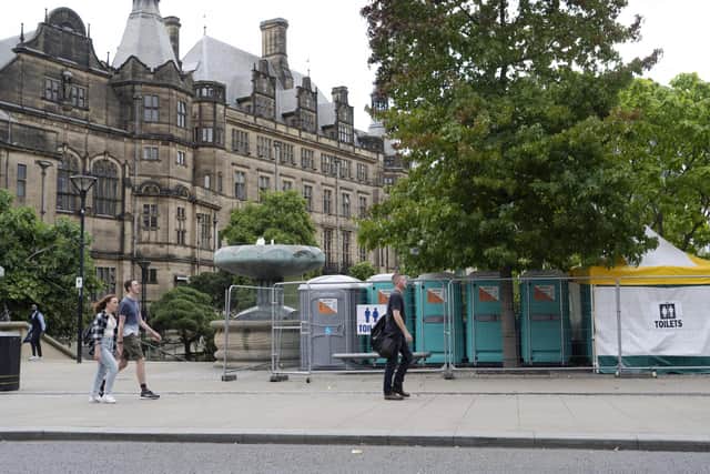 Portable loos outside Sheffield Town Hall. Picture Scott Merrylees