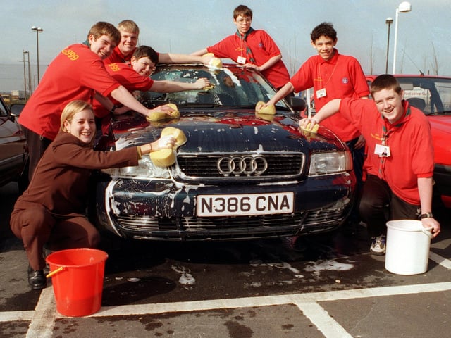 Scouts from the 58th Doncaster at a fundraising car wash in 1998