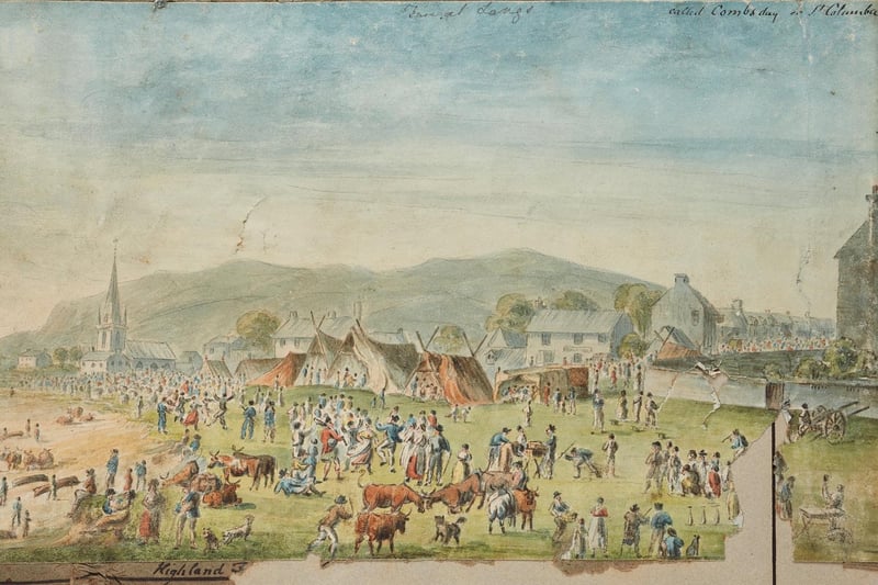 Largs two halves of a double page illustration of Comb’s Day in Largs, one of Largs’s most important calendar events, comprising a party lasting several days, playing sports and dancing, probably around 1818