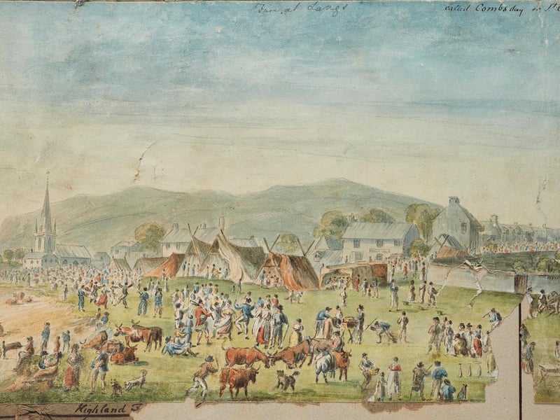 Largs two halves of a double page illustration of Comb’s Day in Largs, one of Largs’s most important calendar events, comprising a party lasting several days, playing sports and dancing, probably around 1818
