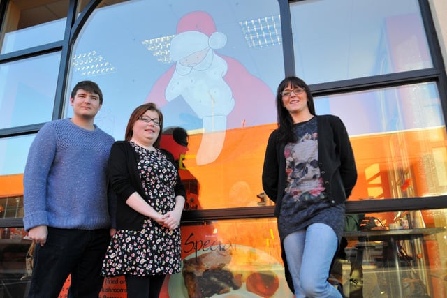 Artists (left to right) Robert Tindale, Jenny Hansen and Cheryll Kung with one of the window scenes they created at Eugenes Cafe in Park Road, Hartlepool. Does this bring back memories of 2013?