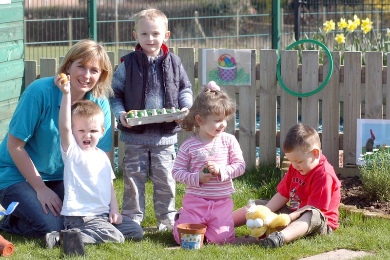 Alison Waring pictured with youngsters during the Easter Egg Hunt at Ladybrook Children's Centre in 2007.