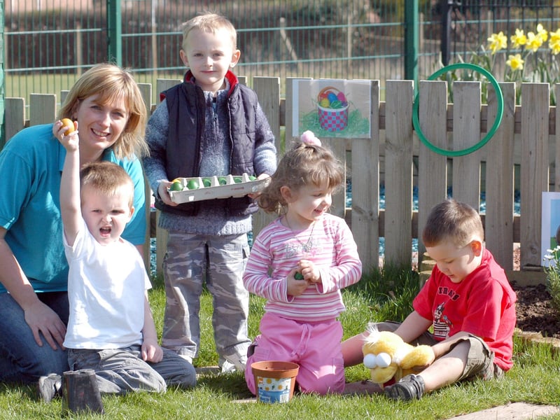 Alison Waring pictured with youngsters during the Easter Egg Hunt at Ladybrook Children's Centre in 2007.
