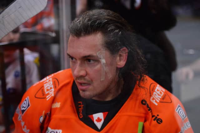 Marco Vallerand patched up during Sunday's Belfast game Pic Dean Woolley