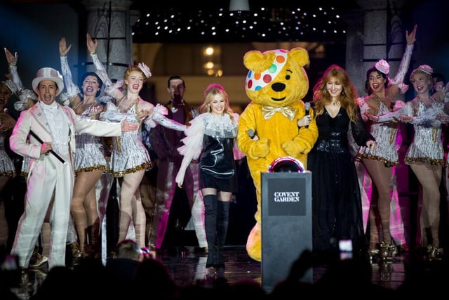 The bear also met Kylie Minogue and Charlotte Tilbury at the BBC Children in Need's Pudsey Bear Christmas lights switch-on event at Covent Garden in 2017 (Photo: Tristan Fewings/Getty Images)