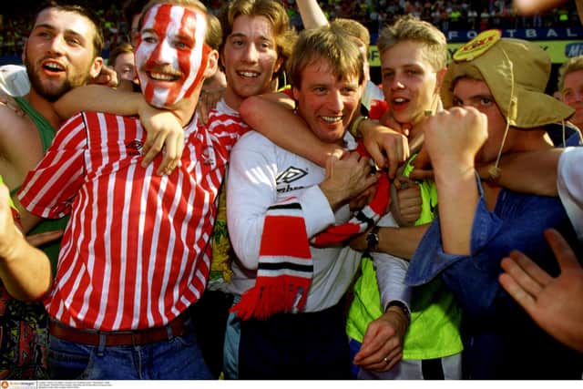 Dave Bassett - Sheffield United manager celebrates with the fans after winning promotion in 1990