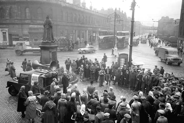 Independent Liberal candidate Sir Andrew Murray is pictured giving a speech at the Queen Victoria statue at the bottom of Leith Walk during the 1955 General election campaign.