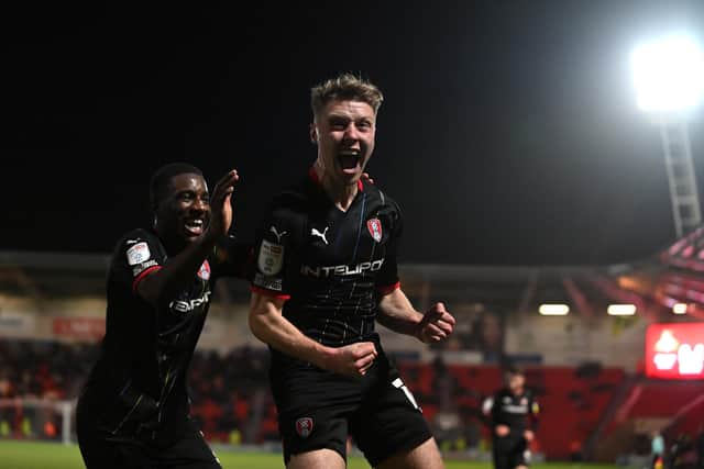 Jamie Lindsay celebrates scoring Rotherham United's fifth goal against Doncaster Rovers. Photo: Bruce Rollinson.