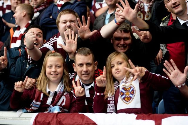 Hearts fans celebrate after victory over Rangers in the opening game of the season
