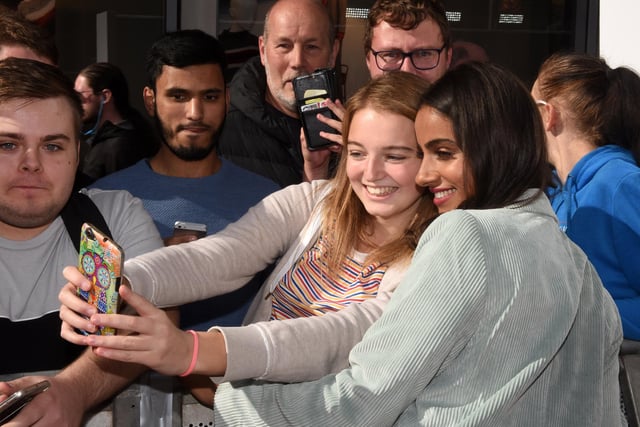 Mandip Gill, who plays Yaz, has a selfie with a fan at the Doctor Who premiere screening at the Light, The Moor, Sheffield in September 2018