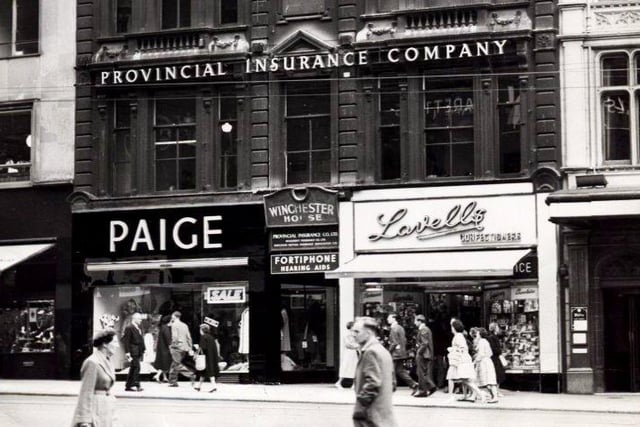 Winchester House on Fargate, Sheffield, with the Paige fashion store and Lovells Confectioners, on June 1960