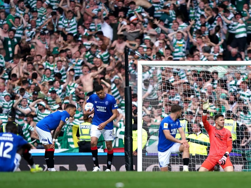 Rangers players react after conceding the only goal of Celtic's Scottish Gas Scottish Cup final win at Hampden Park.