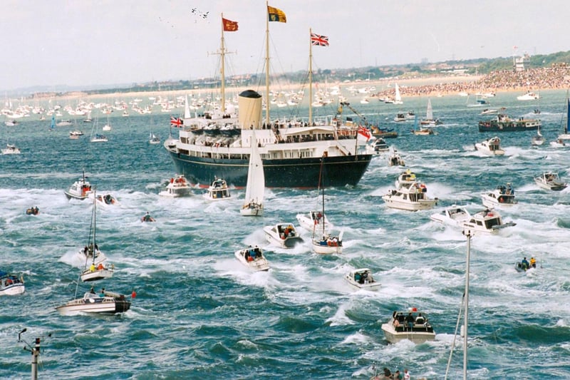 Royal Yacht Britannia leaves Portsmouth Harbour to commence the review of the fleet 50th D Day anniversary 6th June 1994. The News PP275