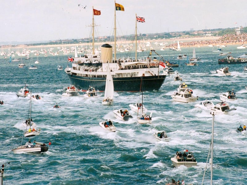 Royal Yacht Britannia leaves Portsmouth Harbour to commence the review of the fleet 50th D Day anniversary 6th June 1994. The News PP275