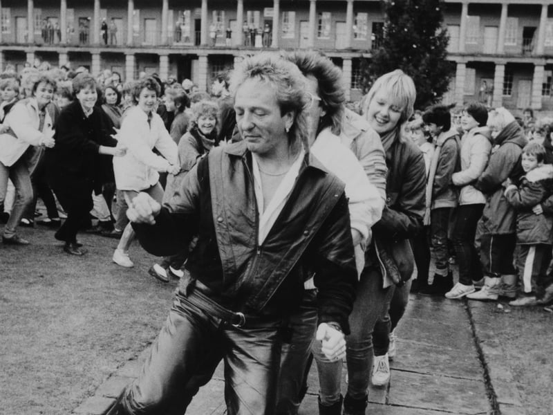 Black Lace lead the conga at Halifax's Piece Hall in 1985