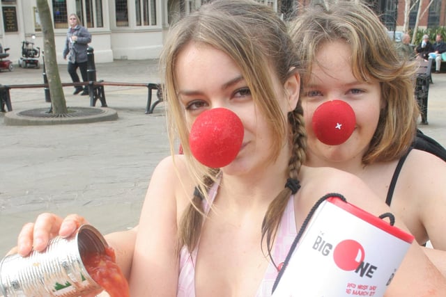Lady Manners pupils Leyla Allen and Kate Lonsdale raised money for comic relief in their bath of tomatoes and dog food in 2007