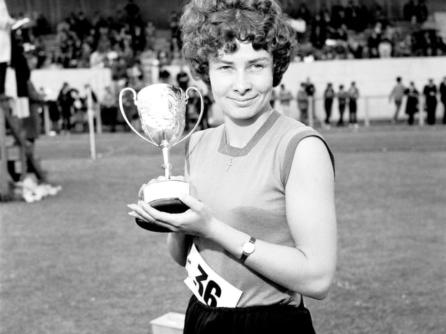 Rosemary Stirling with trophy for winning the 400 yds race at the Scottish Women's Amateur Athletic Association championships at Pitreavie Dunfermline in June 1966.