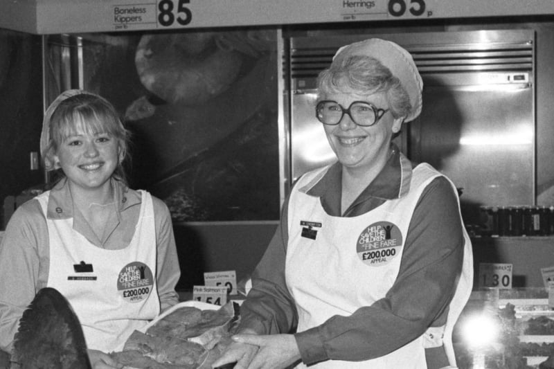 Shark steaks were on sale at Fine Fare in this 1982 scene at the Southwick branch. In the picture are Susan Hossack and Betty Crompton.