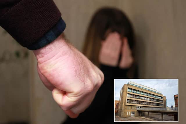 A thug is due to be sentenced at Sheffield Magistrates' Court, pictured, after he assaulted and harassed his ex-partner.