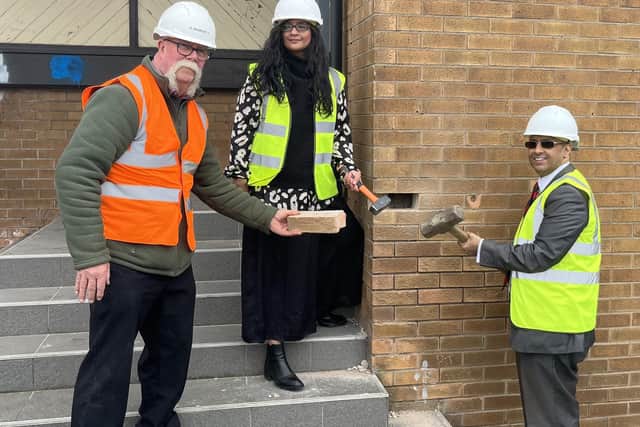 Cllr Taiba Yasseen and Cllr Saghir Alam with Dave Nottingham, contracts manager for G.Morley Ltd who are undertaking the demolition works