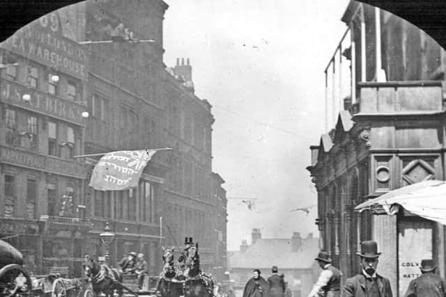 Jewish Flag hanging from H.L. Brown's, Angel Street and Market Place (Fitzalan Market Hall on right) - 1900-1919.