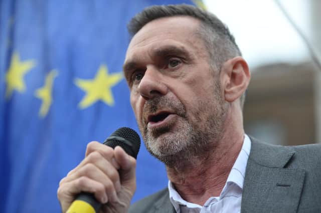 Paul Mason, who has put himself forward for selection as the next Labour candidate to become the MP for Sheffield Central, addressing protesters outside the Houses of Parliament in August 2019