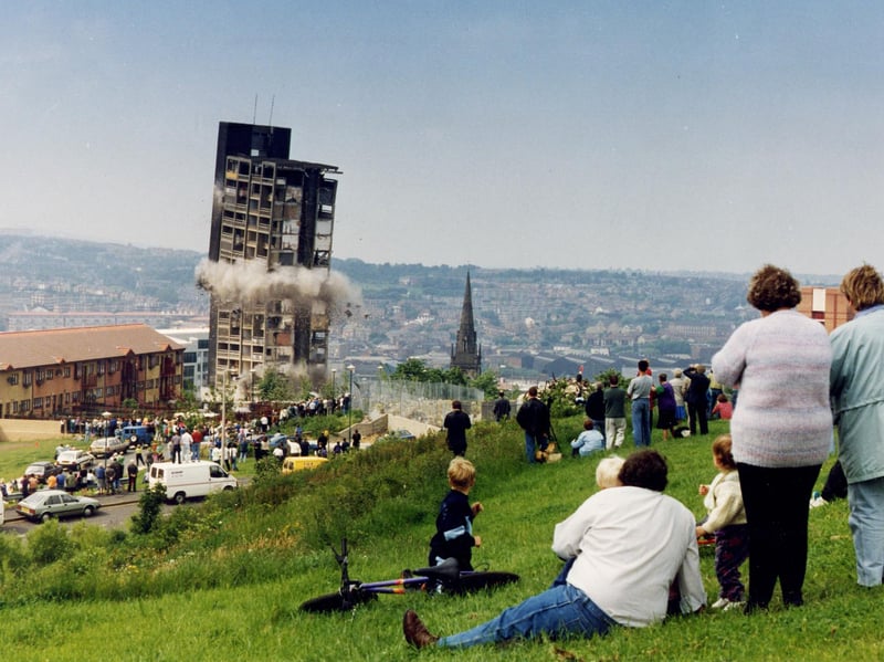Hyde Park flats, one of Sheffield's experiments in  high rise design, came to a dramatic end as demolition experts exploded the final derelict block of the Hyde Park flats complex in 1993