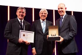 Professor James Catto (right) is presented with the Frans Debruyne Life Time Achievement Award by EAU Secretary General Professor Chris Chapple and the EAU’s 3rd and oldest surviving Secretary General Professor Frans Debruyne, who the award is named after at the EAU’s 38th annual congress in Milan, Italy 
