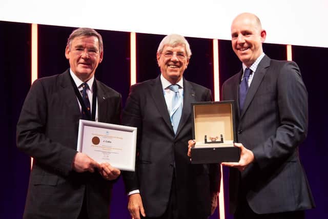 Professor James Catto (right) is presented with the Frans Debruyne Life Time Achievement Award by EAU Secretary General Professor Chris Chapple and the EAU’s 3rd and oldest surviving Secretary General Professor Frans Debruyne, who the award is named after at the EAU’s 38th annual congress in Milan, Italy
