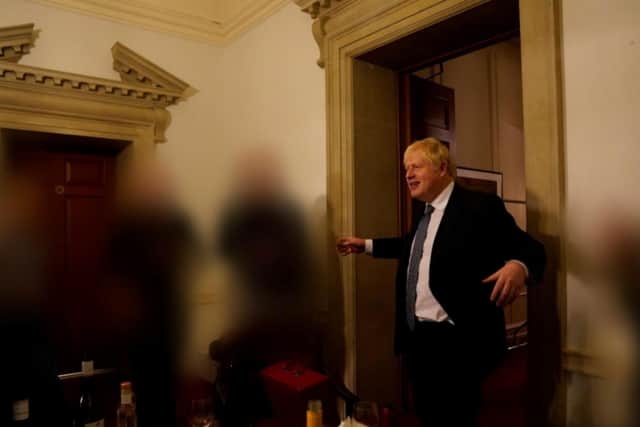 Boris Johnson is pictured during a gathering for the departure of a special adviser in No 10 Downing Stret on November 13th, 2020.